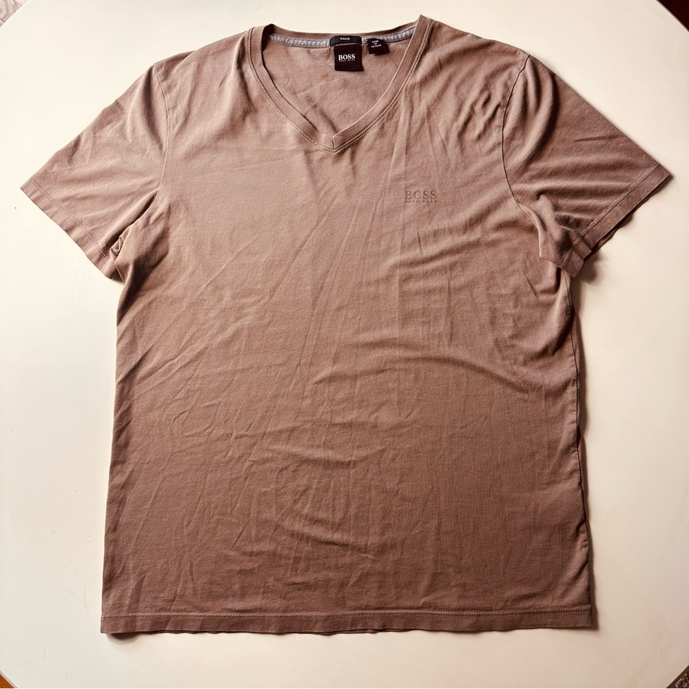 FLAWED‎ BOSS Hugo Boss Slim Fit V-Neck Size Large Taupe Men's Shirt SEE PHOTOS